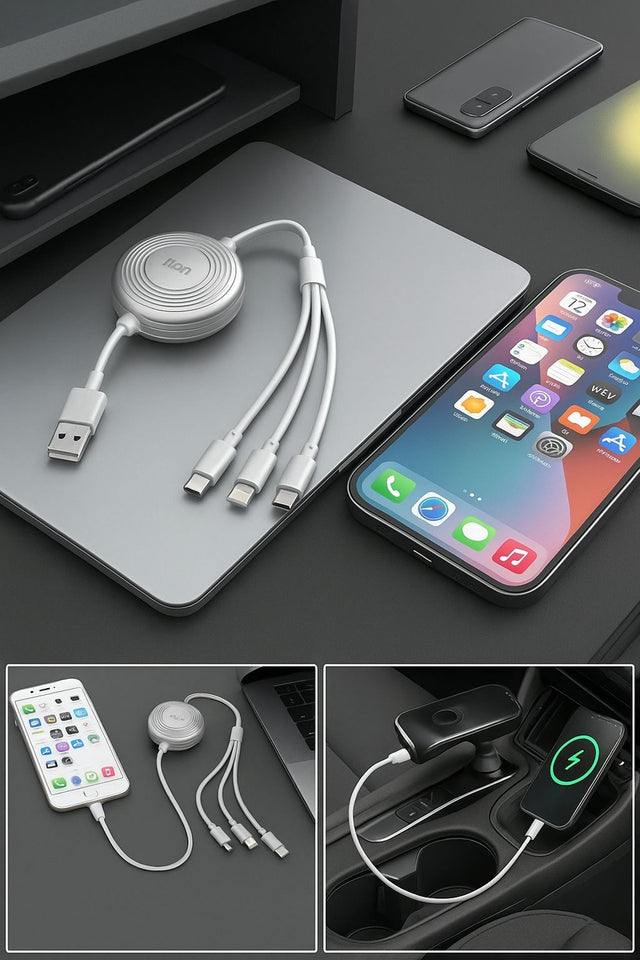 Cable Retráctil de Carga Rápida 3 en 1 (100W, USB-C)